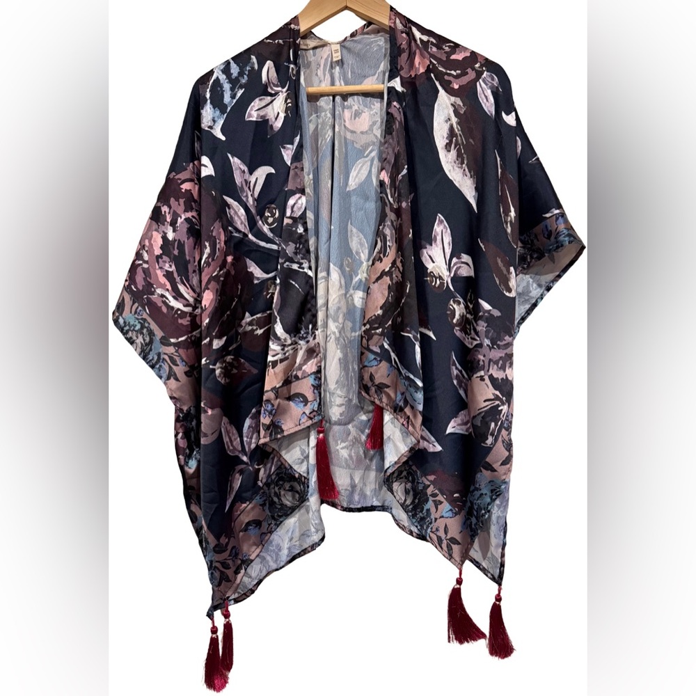 Soft Surroundings Floral Satin Kimono Tassel Boho Artsy Duster Wrap One Size